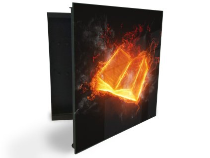 Glasdekor skříňka na klíče - kniha hoří na černém pozadí (Barva skříňky Černá, Otevírání Pravé)