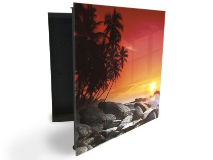 Glasdekor skříňka na klíče - palmy, moře a tropický západ slunce (Barva skříňky Černá, Otevírání Pravé)