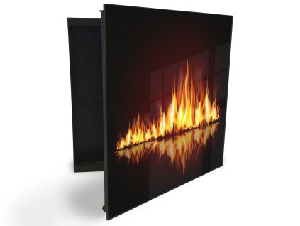 Glasdekor skříňka na klíče - plameny oheň s odrazem (Barva skříňky Černá, Otevírání Pravé)