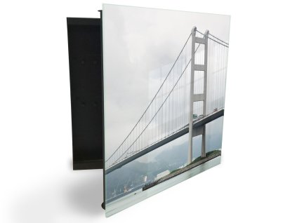 Glasdekor skříňka na klíče - most nad řekou (Barva skříňky Černá, Otevírání Pravé)