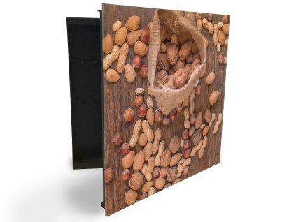 Glasdekor skříňka na klíče - rozsypané ořechy a pytlík na dřevě (Barva skříňky Černá, Otevírání Pravé)