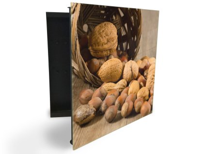 Glasdekor skříňka na klíče - ořechy, košík na dřevěném stole (Barva skříňky Černá, Otevírání Pravé)