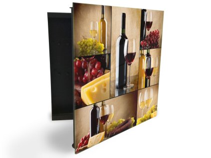 Glasdekor skříňka na klíče - láhev, sklenice a hrozny vína (Barva skříňky Černá, Otevírání Pravé)