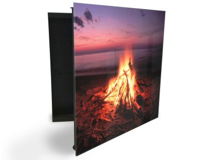 Glasdekor skříňka na klíče - oheň na pláži u moře (Barva skříňky Černá, Otevírání Pravé)