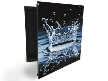 Glasdekor skříňka na klíče - střik vody z hladiny na černém podkladu (Barva skříňky Černá, Otevírání Pravé)