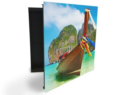 Glasdekor skříňka na klíče - loď v zálivu tropického moře (Barva skříňky Černá, Otevírání Pravé)