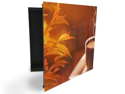 Glasdekor skříňka na klíče - podzimní ranní káva (Barva skříňky Černá, Otevírání Pravé)