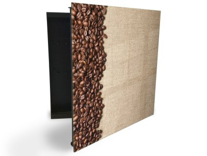 Glasdekor skříňka na klíče - zrna kávy na režné tkanině (Barva skříňky Černá, Otevírání Pravé)