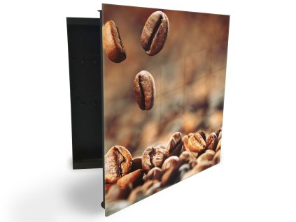 Glasdekor skříňka na klíče - padající zrna kávy na hnědém podkladu (Barva skříňky Černá, Otevírání Pravé)