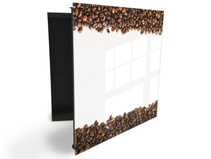 Glasdekor skříňka na klíče - horní a dolní řada kávové zrna na bílém (Barva skříňky Černá, Otevírání Pravé)