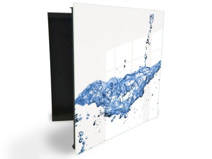 Glasdekor skříňka na klíče - stříkající modrá voda na bílém pozadí (Barva skříňky Černá, Otevírání Pravé)