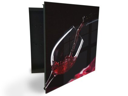 Glasdekor skříňka na klíče - sklenice červeného vína na tmavém  pozadí (Barva skříňky Černá, Otevírání Pravé)