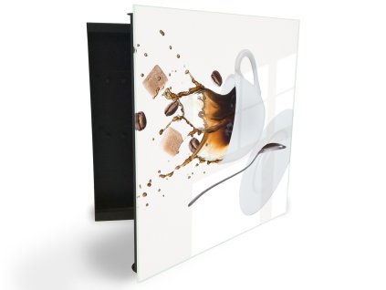 Glasdekor skříňka na klíče - vylétá káva a cukr z bílého šálku (Barva skříňky Černá, Otevírání Pravé)