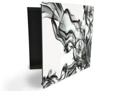 Glasdekor skříňka na klíče - černý kouř na bílém podkladu (Barva skříňky Černá, Otevírání Pravé)