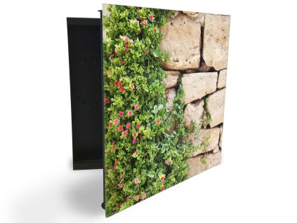 Glasdekor skříňka na klíče - popínavé listí a květy na zdi (Barva skříňky Černá, Otevírání Pravé)