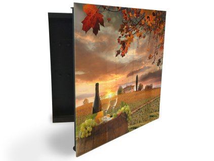 Glasdekor skříňka na klíče - pohled vinice v západu slunce (Barva skříňky Černá, Otevírání Pravé)