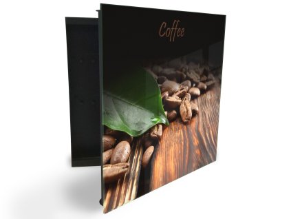 Glasdekor skříňka na klíče - kávový list a zrna na dřevěném prknu (Barva skříňky Černá, Otevírání Pravé)