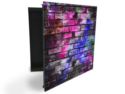 Glasdekor skříňka na klíče - barevná cihlová zeď na tmavém podkladu (Barva skříňky Černá, Otevírání Pravé)