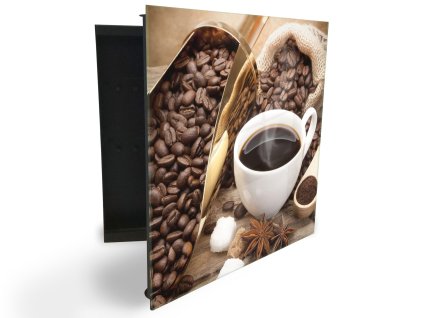 Glasdekor skříňka na klíče - šálek a zrna kávy, koření a cukr (Barva skříňky Černá, Otevírání Pravé)