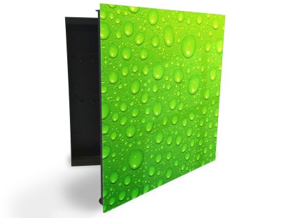 Glasdekor skříňka na klíče - kapky vody na zeleném skle (Barva skříňky Černá, Otevírání Pravé)