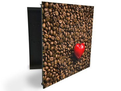 Glasdekor skříňka na klíče - zrna kávy a červené srdce (Barva skříňky Černá, Otevírání Pravé)