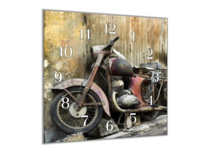 Nástěnné hodiny motorka veterán ČZ 30x30cm (Materiál kalené sklo)