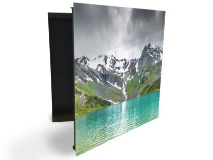 Glasdekor skříňka na klíče - pohled na horské jezero (Barva skříňky Černá, Otevírání Pravé)