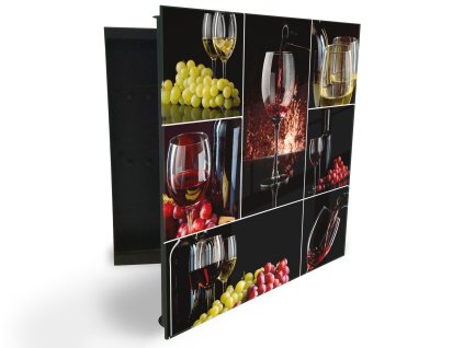 Glasdekor skříňka na klíče - láhev a sklenice červené a bílé víno (Barva skříňky Černá, Otevírání Pravé)