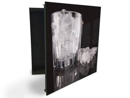 Glasdekor skříňka na klíče - sklenice s ledem na černém pozadí (Barva skříňky Černá, Otevírání Pravé)