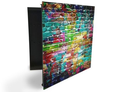 Glasdekor skříňka na klíče - cihlová zeď mnoha barev (Barva skříňky Černá, Otevírání Pravé)