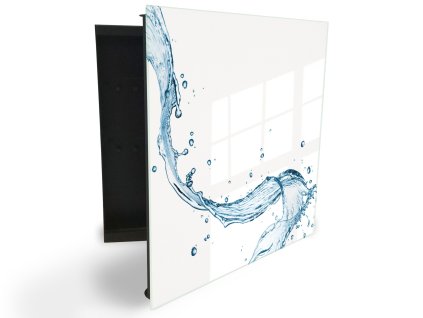 Glasdekor skříňka na klíče - modrá vlna vody na bílém pozadí (Barva skříňky Černá, Otevírání Pravé)