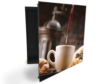 Glasdekor skříňka na klíče - bílý šálek s kávou, pozadí mlýnek (Barva skříňky Černá, Otevírání Pravé)