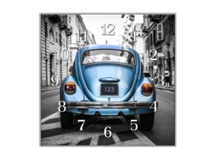 Nástěnné hodiny 30x30cm auto modrý VW brouk (Materiál kalené sklo)