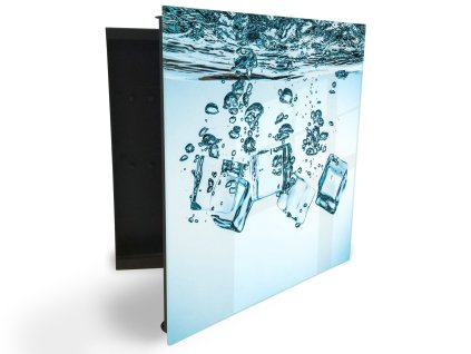 Glasdekor skříňka na klíče - ledové kostky padající pod vodou (Barva skříňky Černá, Otevírání Pravé)