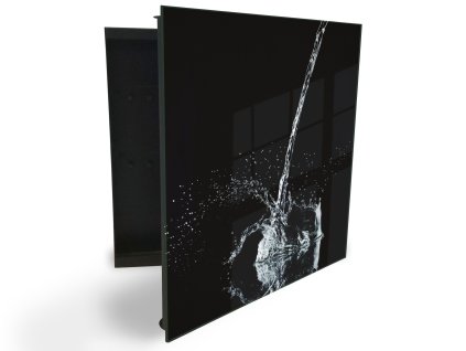 Glasdekor skříňka na klíče - stříkající voda na černém pozadí (Barva skříňky Černá, Otevírání Pravé)