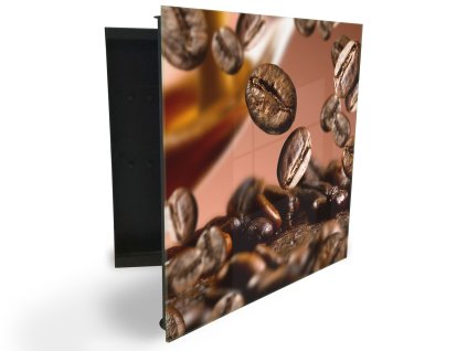 Glasdekor skříňka na klíče - padající zrna kávy (Barva skříňky Černá, Otevírání Pravé)