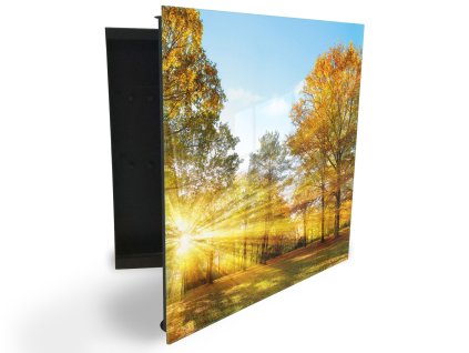 Glasdekor skříňka na klíče - idylický podzimní park a slunce (Barva skříňky Černá, Otevírání Pravé)
