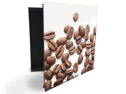 Glasdekor skříňka na klíče - rozsypaná zrna kávy na bílém pozadí (Barva skříňky Černá, Otevírání Pravé)