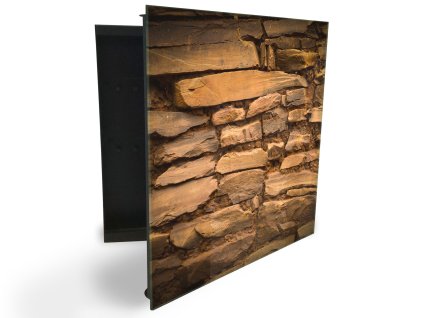 Glasdekor skříňka na klíče - hnědá zeď ze štípaného kamene (Barva skříňky Černá, Otevírání Pravé)