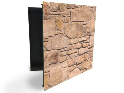 Glasdekor skříňka na klíče - písková kamenná zeď atyp (Barva skříňky Černá, Otevírání Pravé)