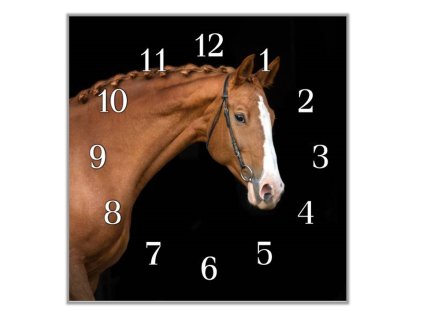 Nástěnné hodiny 30x30cm hnědý kůň s bílou lysinou (Materiál kalené sklo)