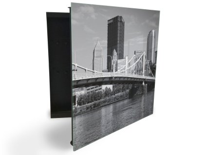 Glasdekor skříňka na klíče - mrakodrap a most nad řekou (Barva skříňky Černá, Otevírání Pravé)