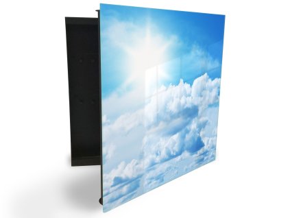 Glasdekor skříňka na klíče - mraky a slunce na obloze (Barva skříňky Černá, Otevírání Pravé)