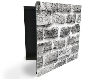 Glasdekor skříňka na klíče - stará černobílá cihlová zeď (Barva skříňky Černá, Otevírání Pravé)