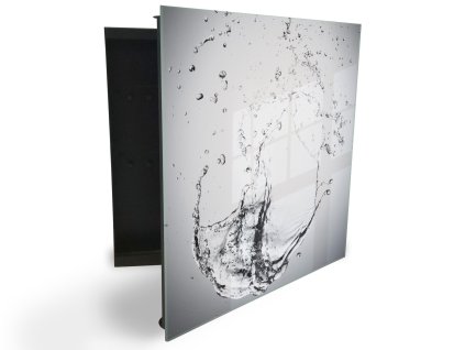 Glasdekor skříňka na klíče - šplouchání vody na šedém podkladu (Barva skříňky Černá, Otevírání Pravé)