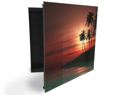 Glasdekor skříňka na klíče - palmový ostrov v západu slunce (Barva skříňky Černá, Otevírání Pravé)