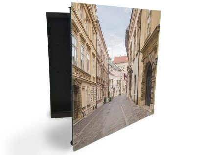 Glasdekor skříňka na klíče - klidná ulička (Barva skříňky Černá, Otevírání Pravé)