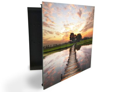 Glasdekor skříňka na klíče - tropická řeka v západu slunce (Barva skříňky Černá, Otevírání Pravé)