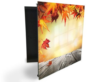 Glasdekor skříňka na klíče - podzimní pozadí a dřevěná prkna (Barva skříňky Černá, Otevírání Pravé)