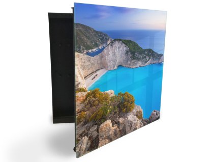 Glasdekor skříňka na klíče - pohled na zátoku moře Řecko (Barva skříňky Černá, Otevírání Pravé)